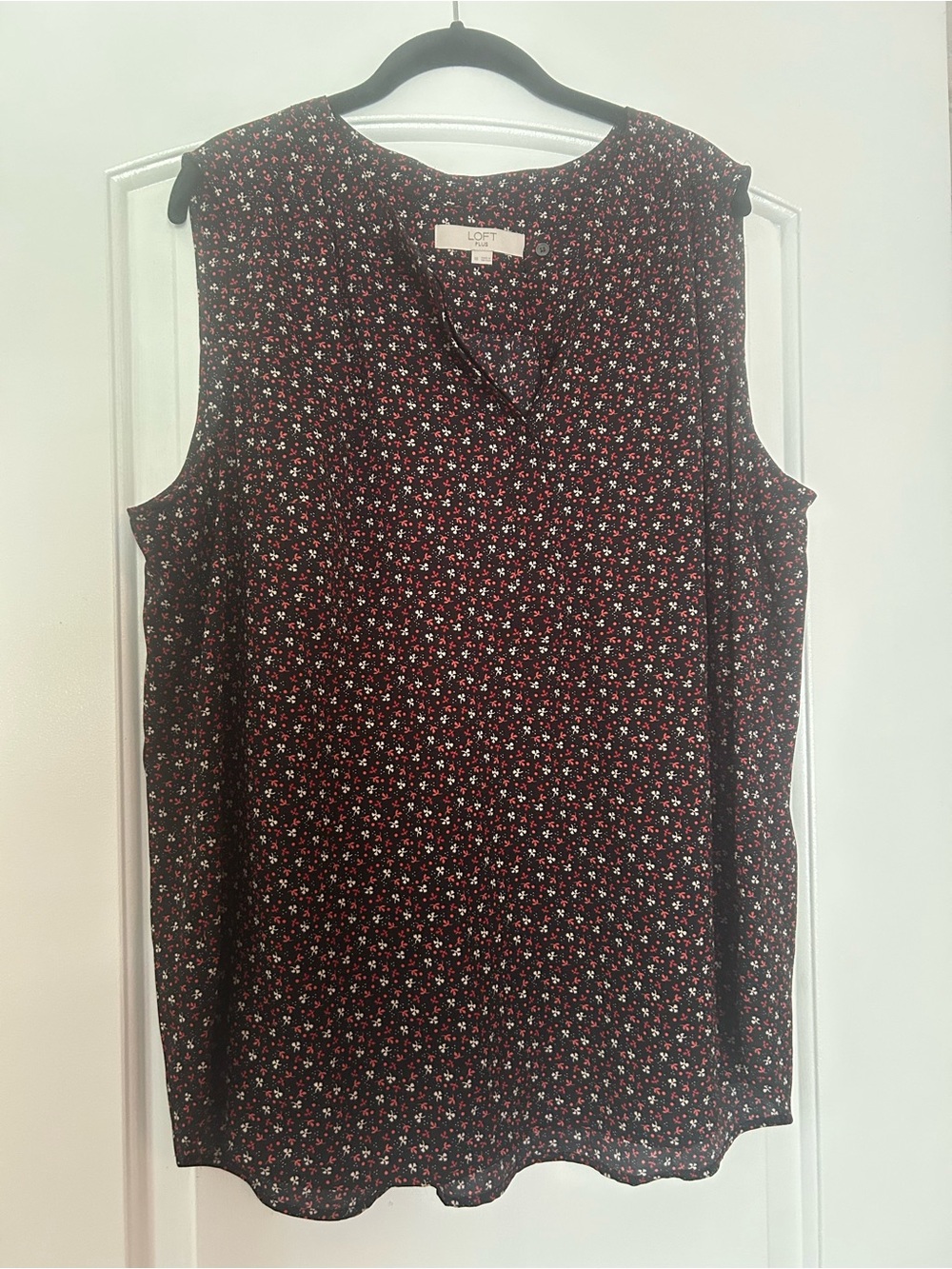 LOFT Black Floral Sleeveless Camisole with Red & White Tiny Blossoms